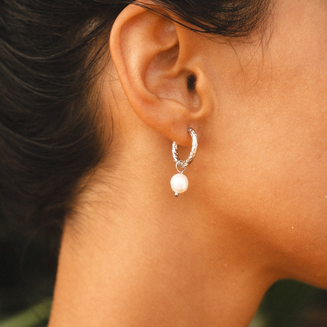 Hammered Pearl Hoop Earrings
